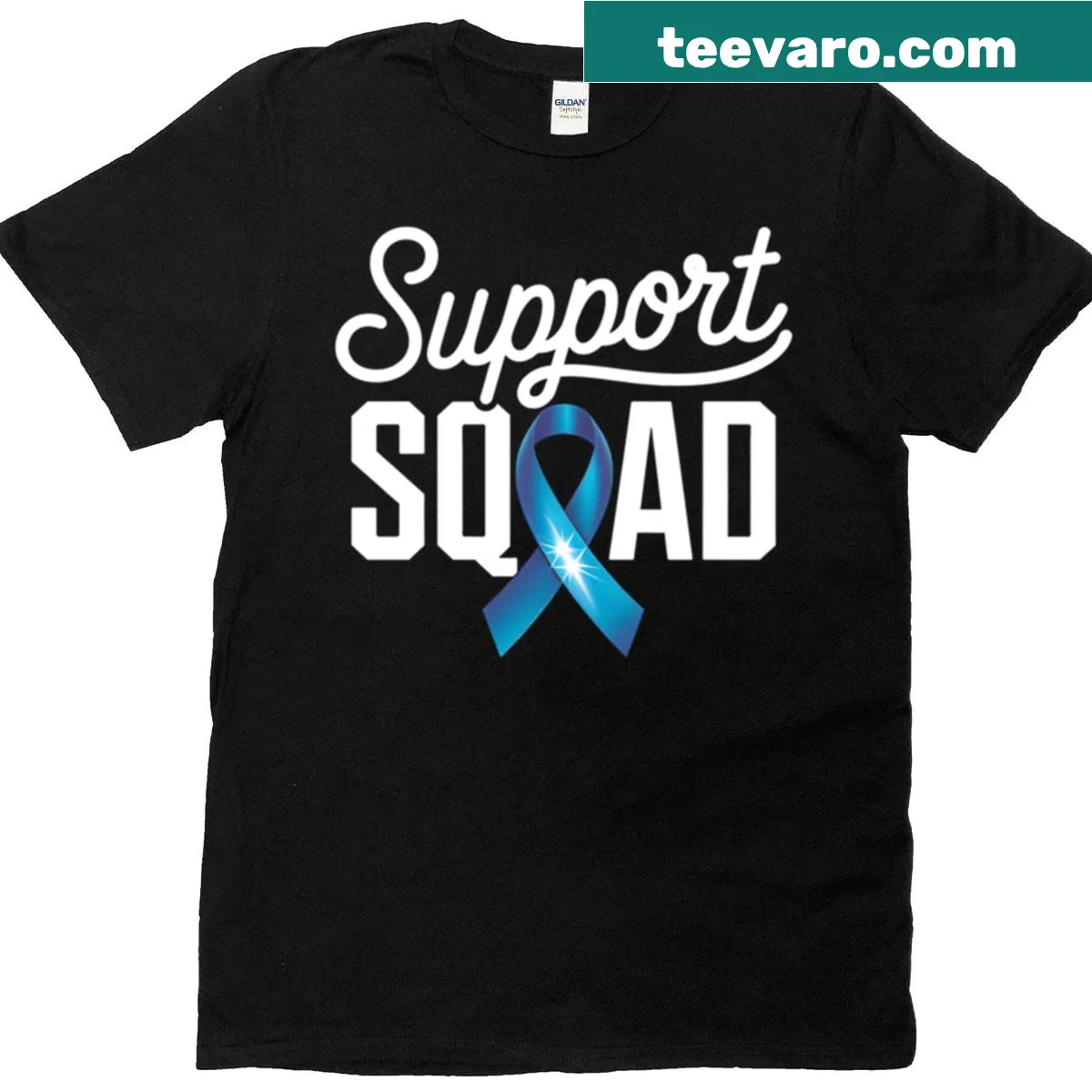 Supportive blue ribbon graphic for colon cancer awareness on a t-shirt — on a men's t-shirt