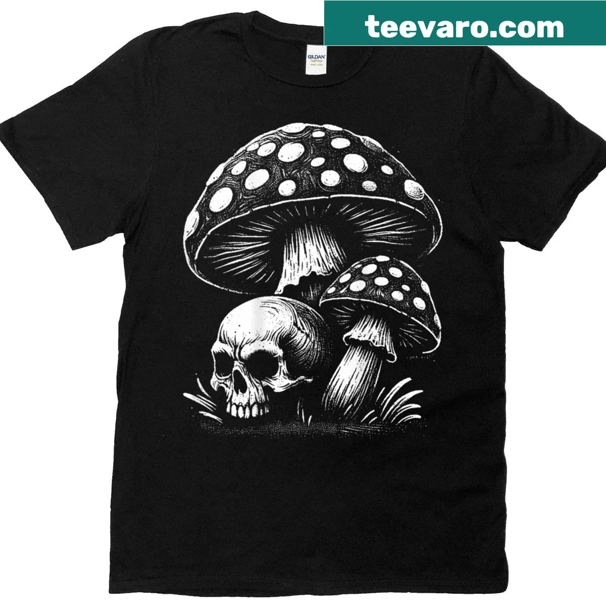 Psychedelic mushroom graphic t-shirt — on a men's t-shirt