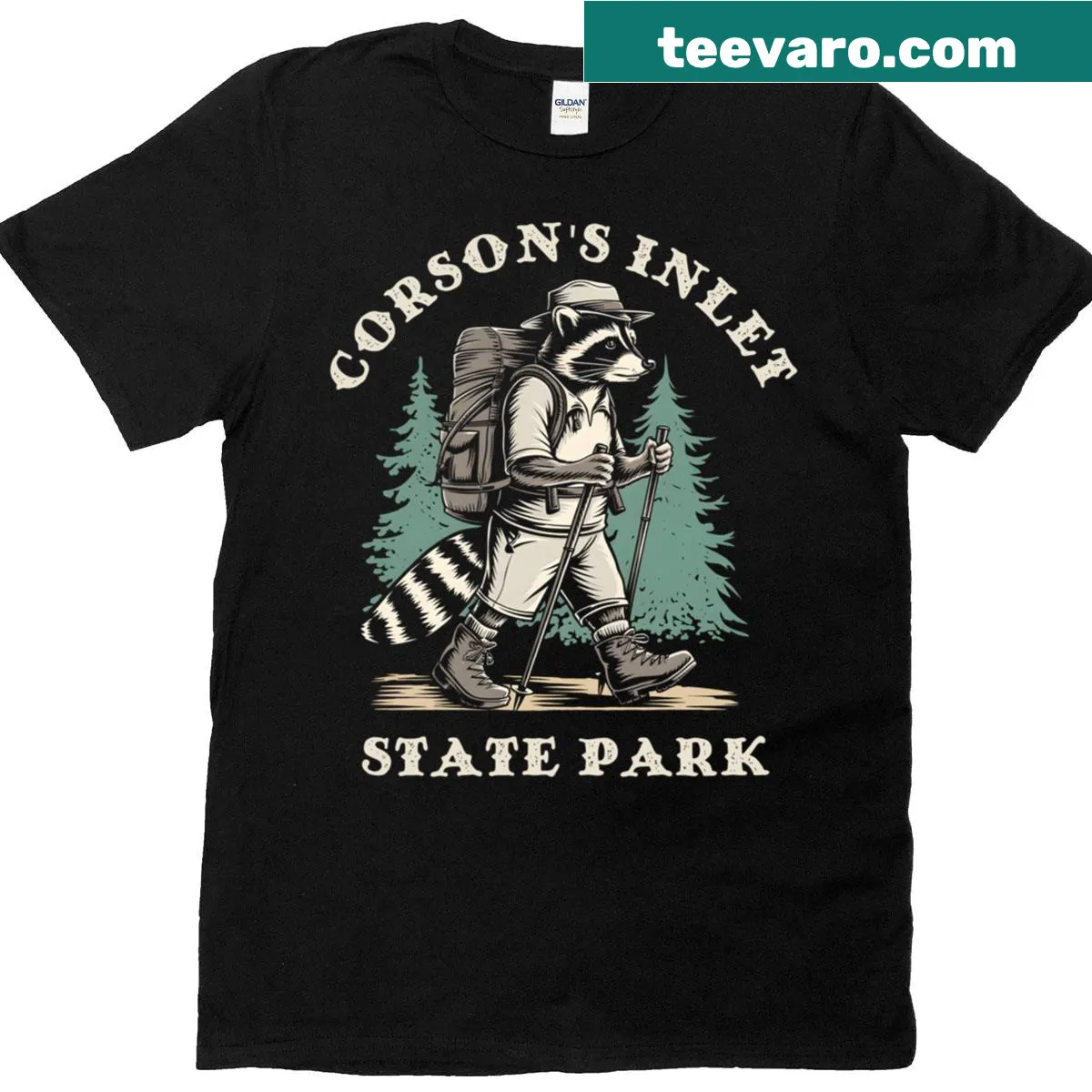 Illustration of a raccoon representing Corson's Inlet State Park — on a men's t-shirt