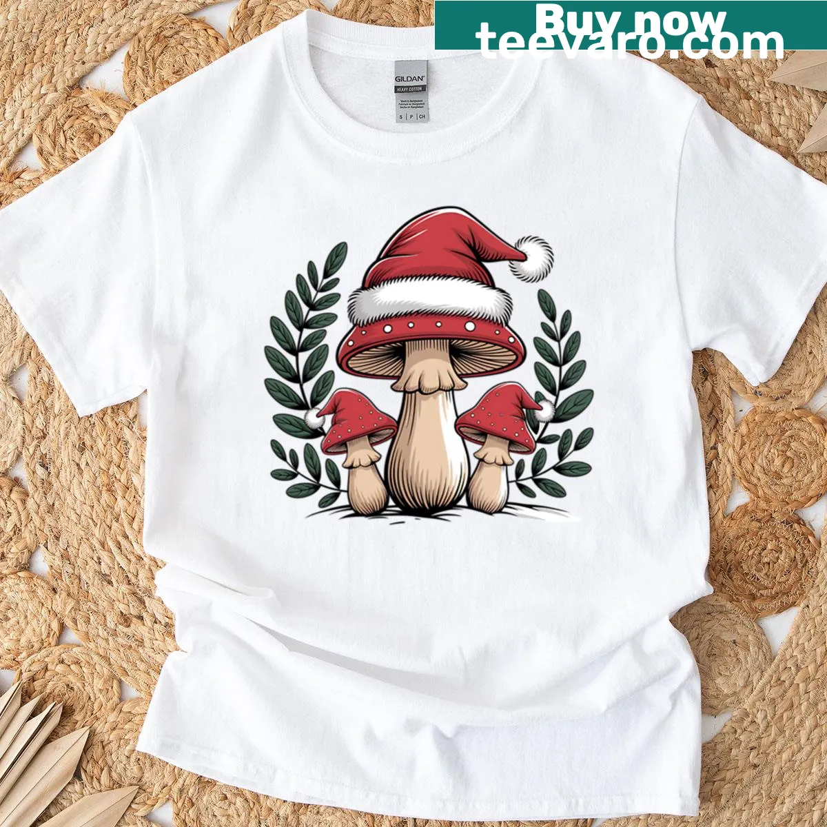 Cozy T-shirt featuring whimsical mushroom illustrations for Christmas — on a men's t-shirt