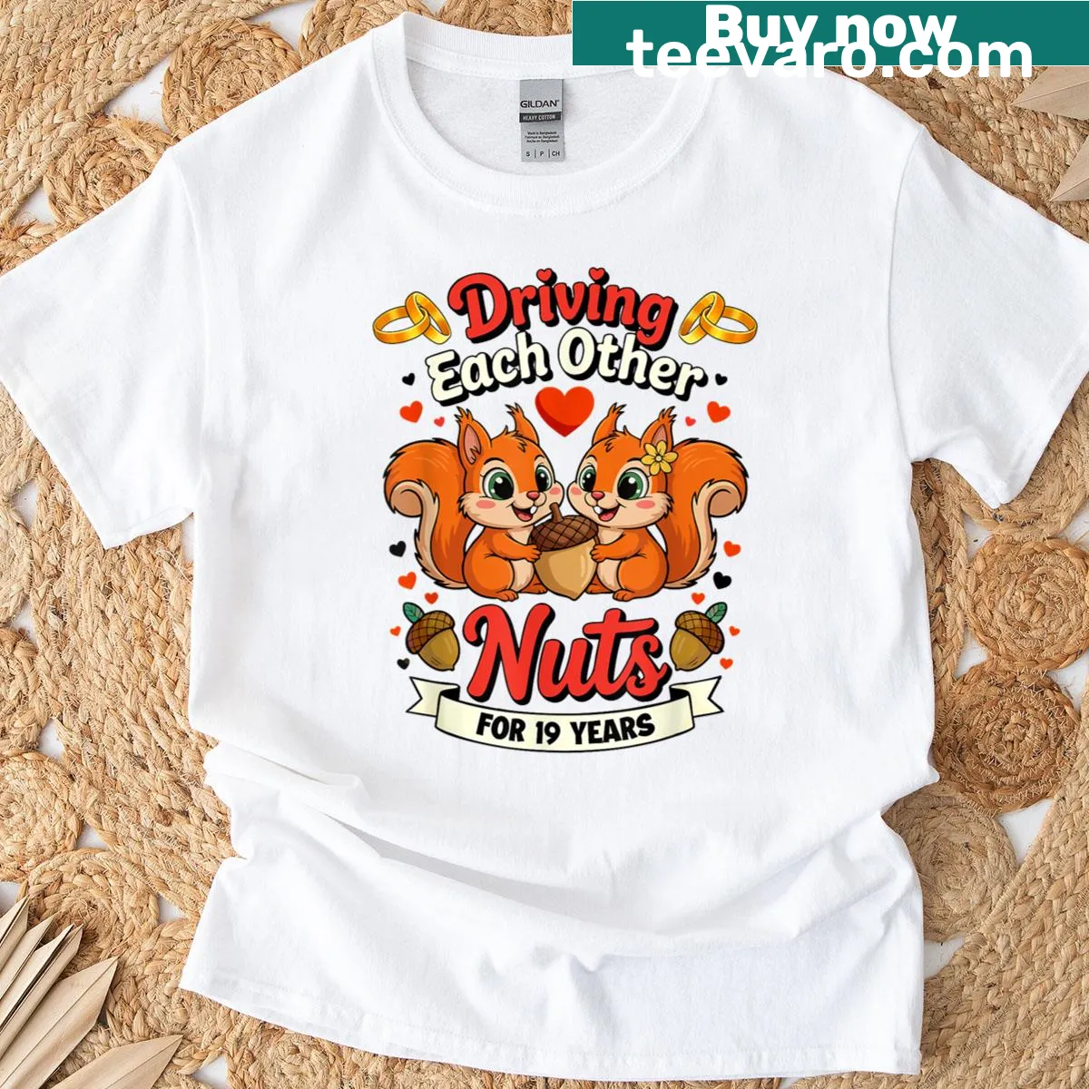 Funny anniversary T-shirt celebrating 19 years of marriage with playful text — on a men's t-shirt