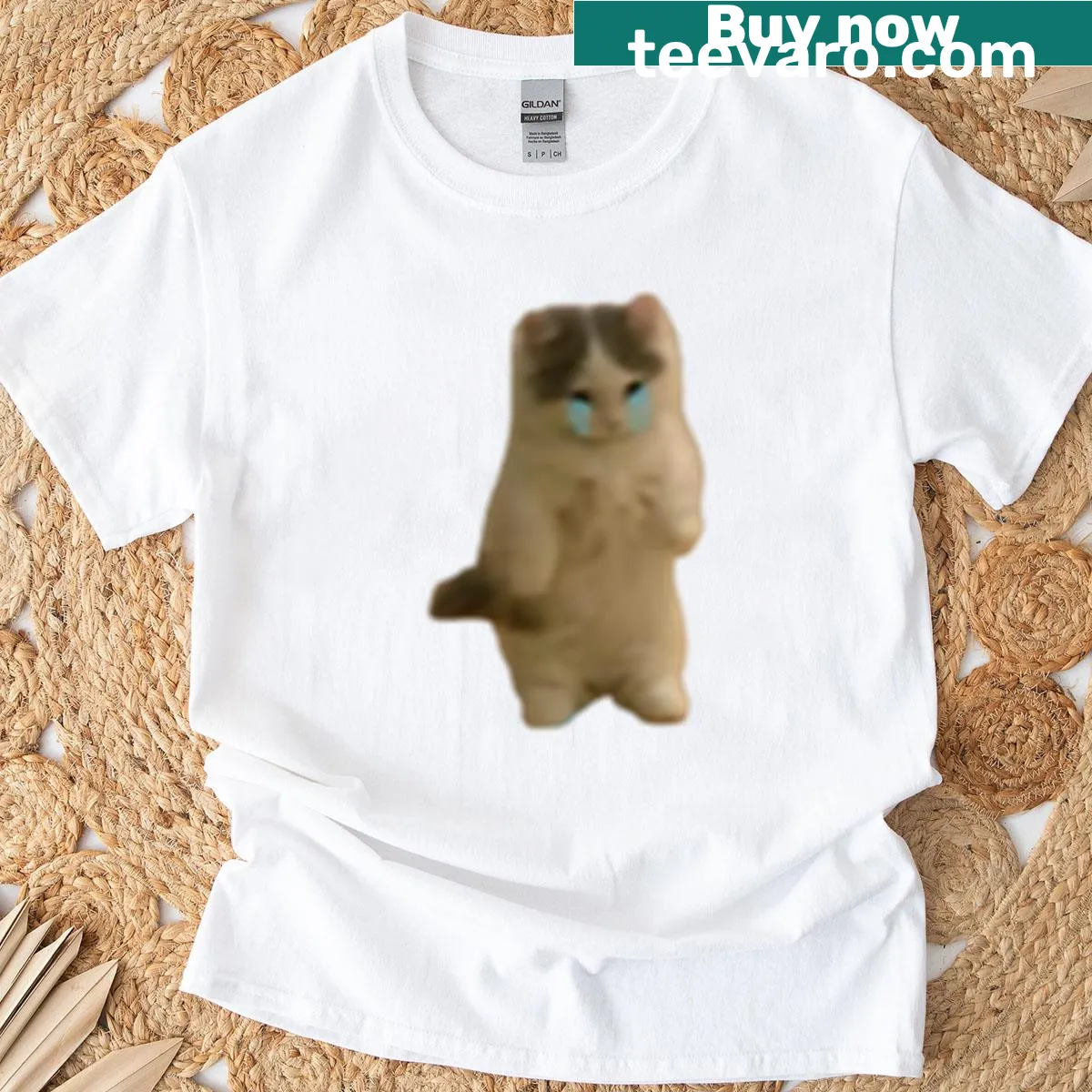 Cartoon crying cat design on a t-shirt — on a men's t-shirt