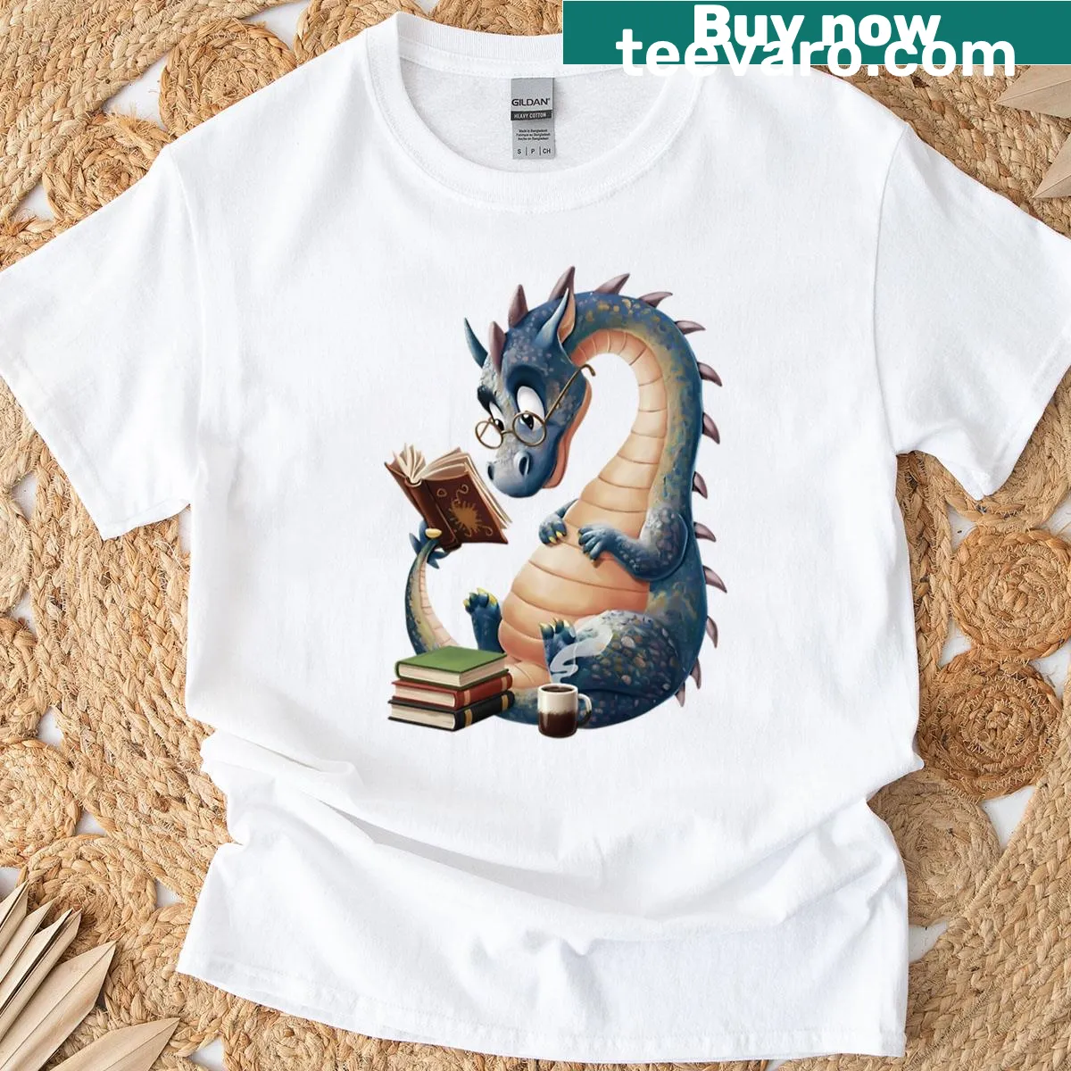 Cute dragon reading a book design on a T-shirt — on a men's t-shirt