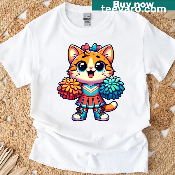 Cute cartoon cat cheerleader with pom-poms design on t-shirt