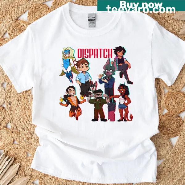 Cartoon graphic of dispatch game characters on T-shirt