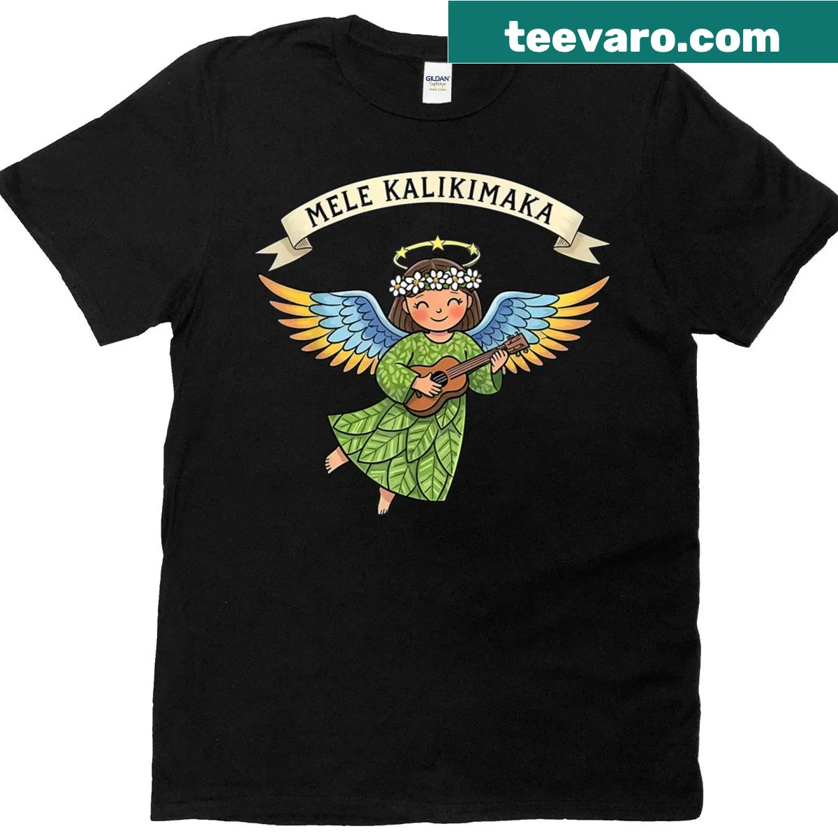 Hawaiian-themed Christmas shirt with a cute angel design — on a men's t-shirt
