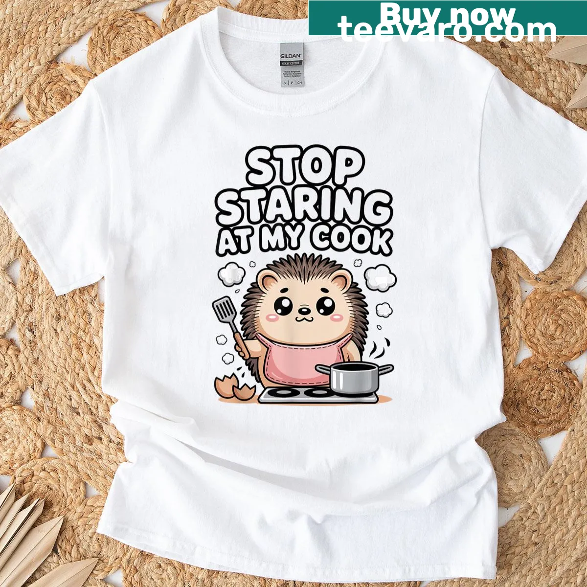 Kawaii hedgehog chef t-shirt with humorous phrase about cooking — on a men's t-shirt