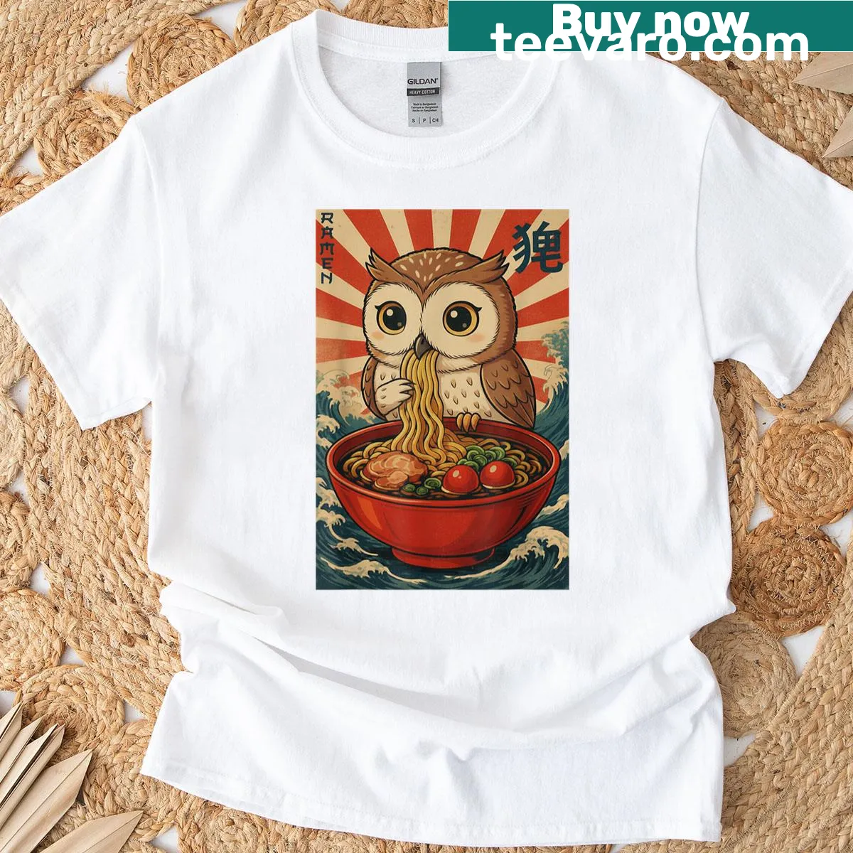Adorable T-shirt with cute owl illustration eating ramen — on a men's t-shirt