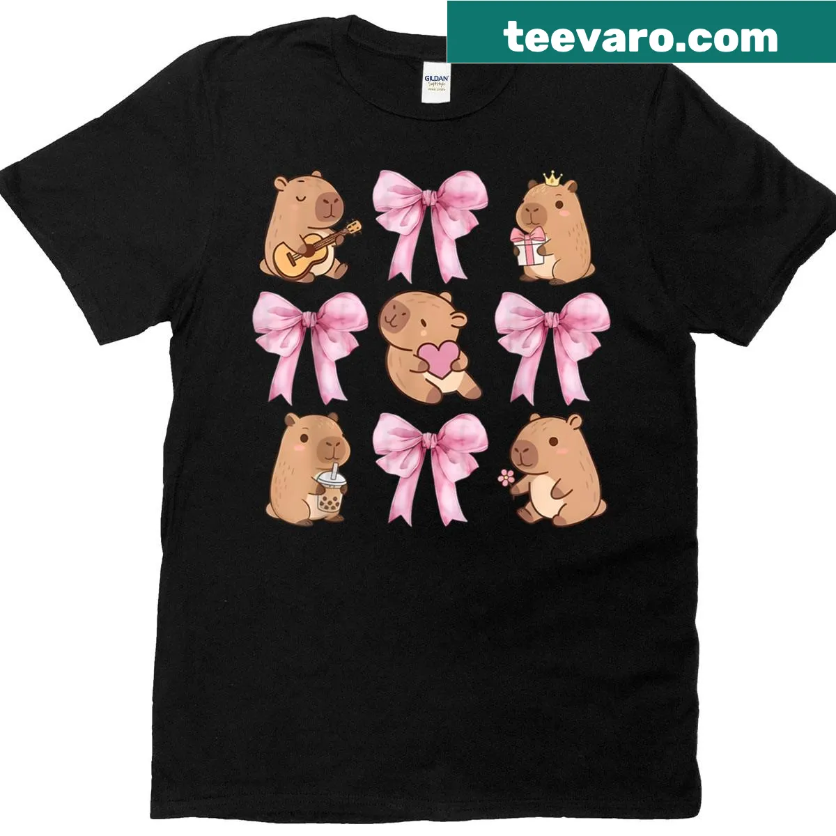 Kawaii capybara T-shirt with a cute pink bow design — on a men's t-shirt