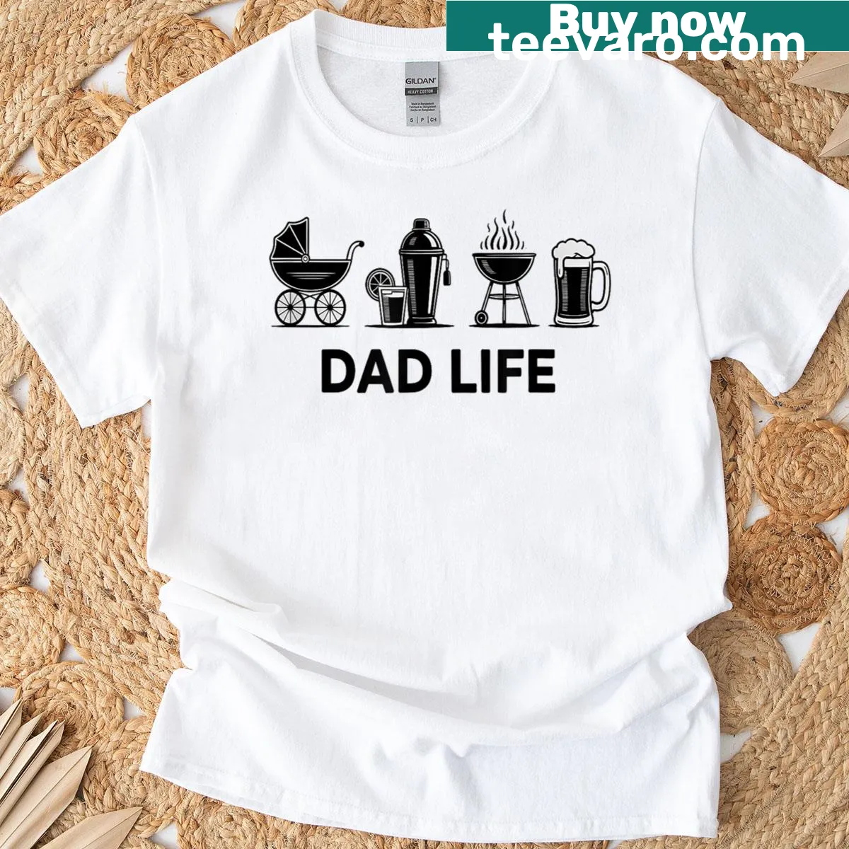 Cute dad life graphic t-shirt with bottle, grill, beer, and stroller — on a men's t-shirt