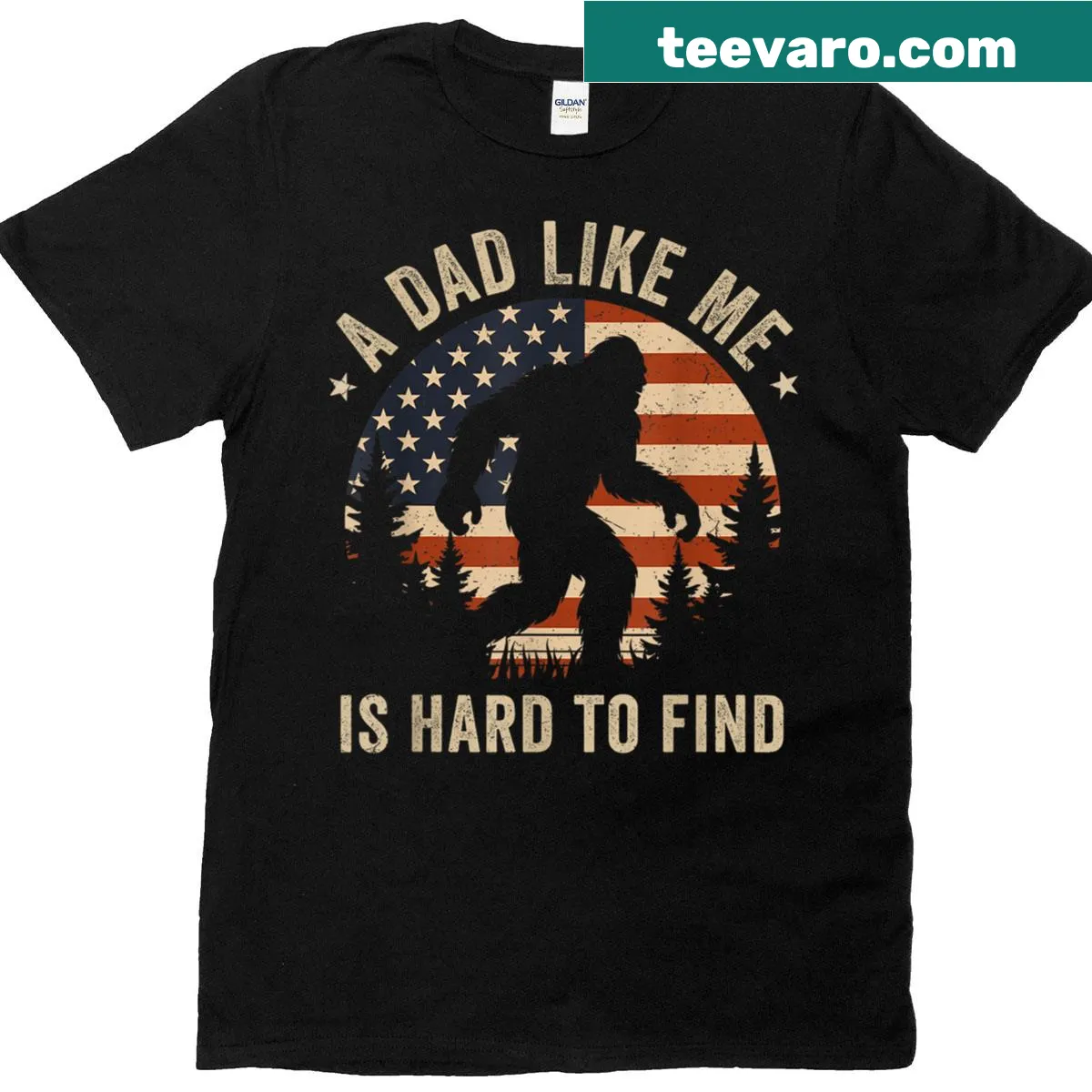 Funny dad-themed t-shirt featuring Bigfoot and the USA flag — on a men's t-shirt