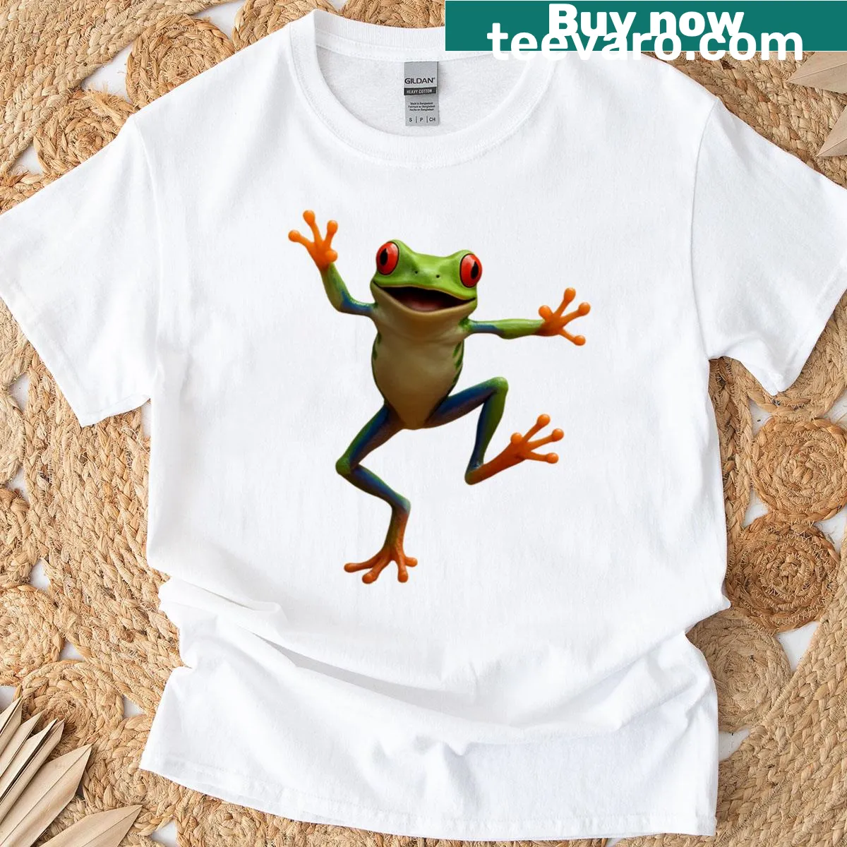 Playful illustration of a dancing red-eyed tree frog — on a men's t-shirt
