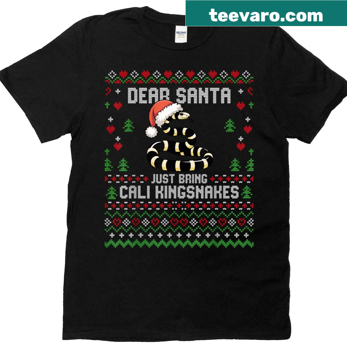 Christmas-themed T-shirt with a California kingsnake design — on a men's t-shirt