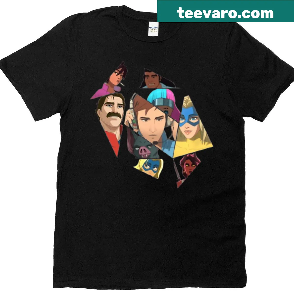 T-shirt showcasing various cartoon gaming characters — on a men's t-shirt