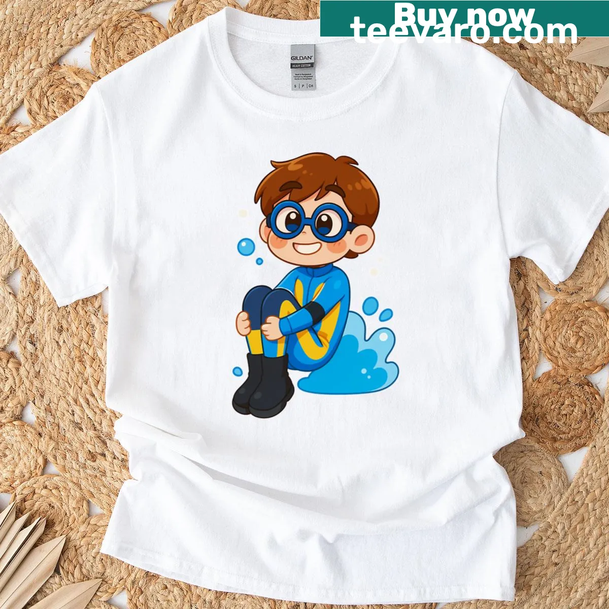 Cute water boy graphic on gaming-themed T-shirt — on a men's t-shirt