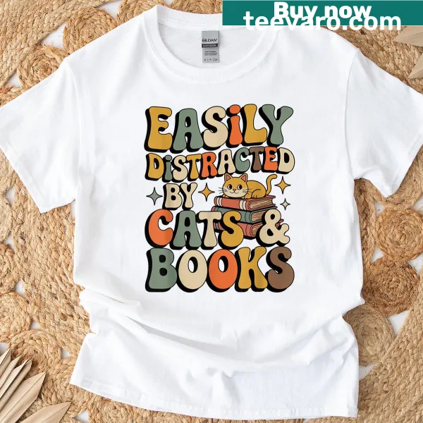 Funny t-shirt for librarians featuring cats and books