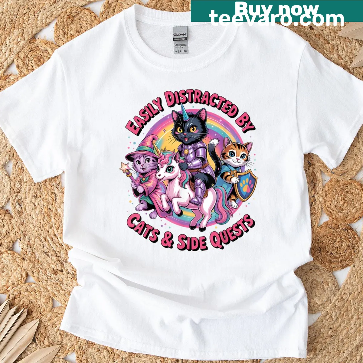 Kawaii pastel T-shirt featuring cats and humorous text — on a men's t-shirt