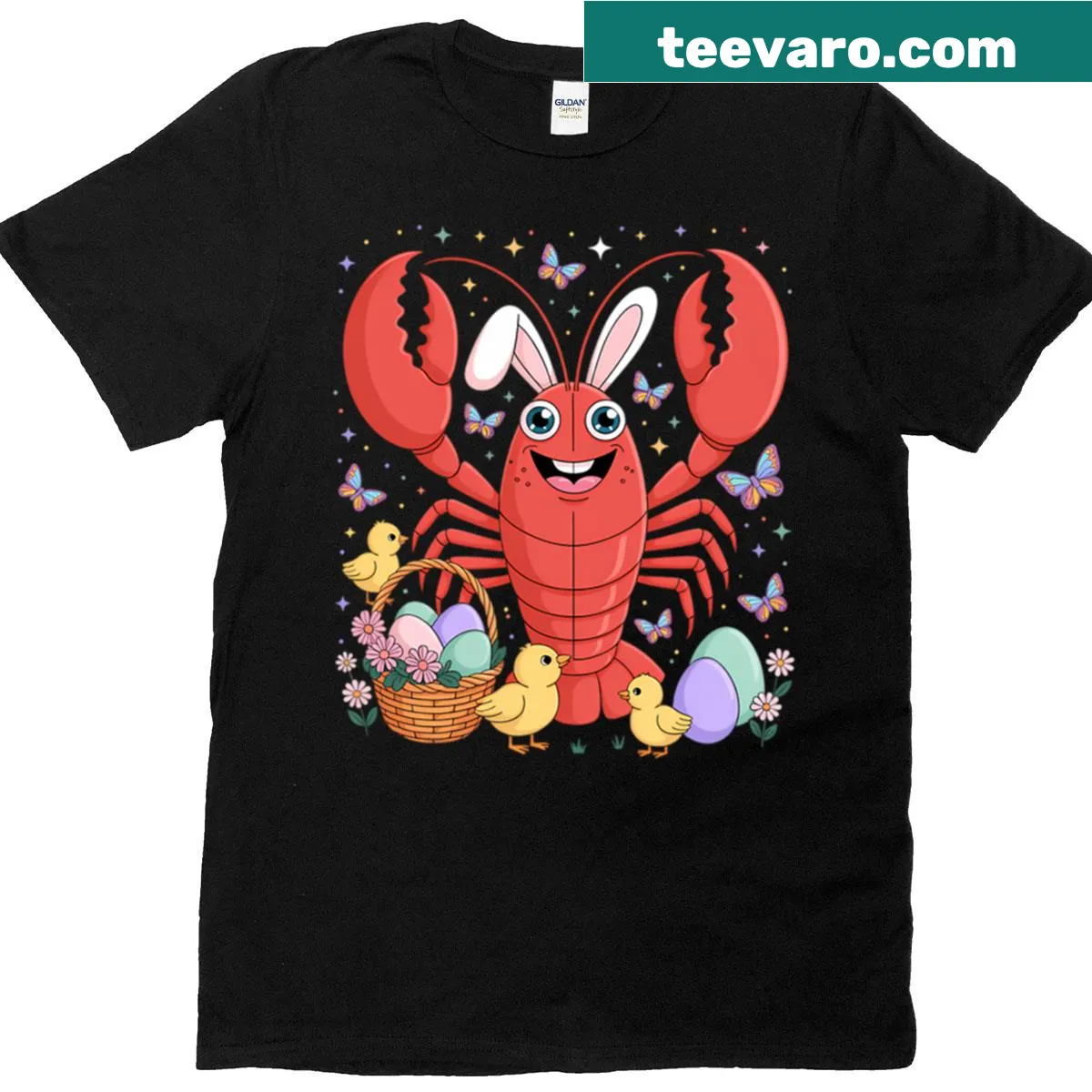 Cartoon Easter T-shirt with bunny and crawfish egg hunting — on a men's t-shirt