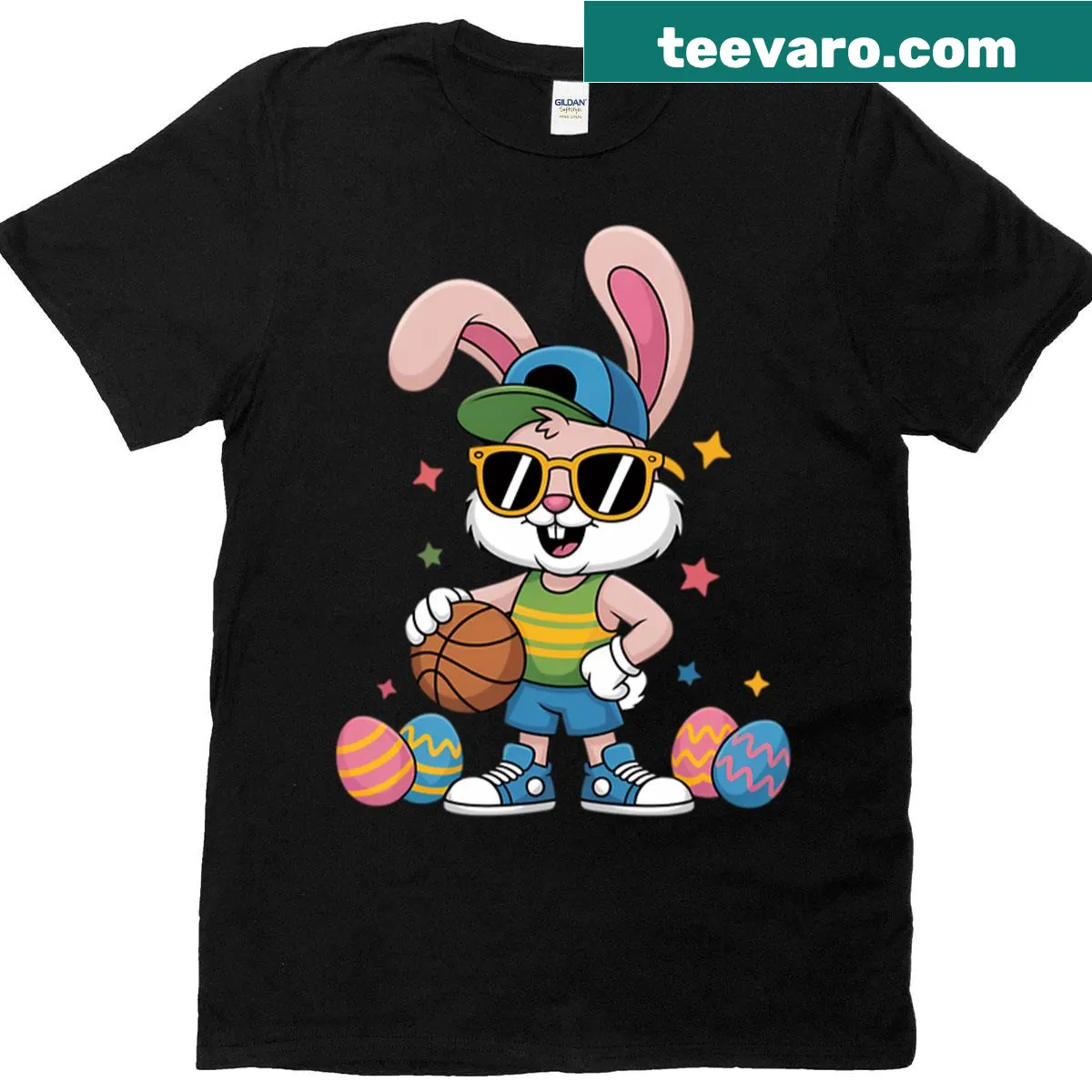Cartoon bunny playing basketball for Easter on a fun t-shirt — on a men's t-shirt