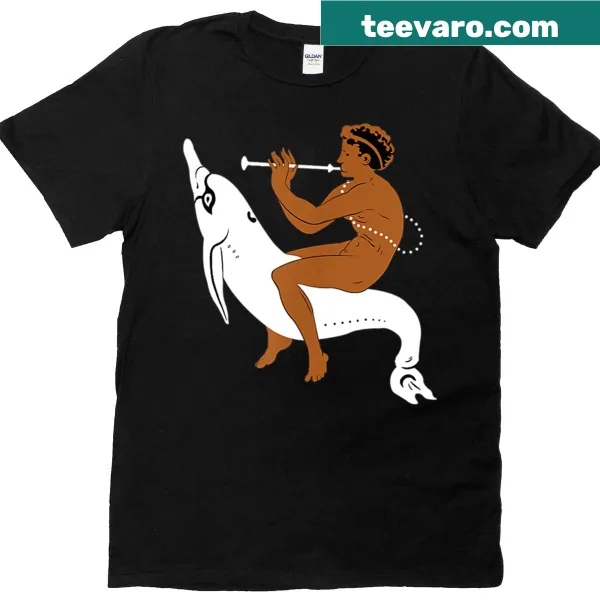 Illustration of an Etruscan youth playing flute on a dolphin