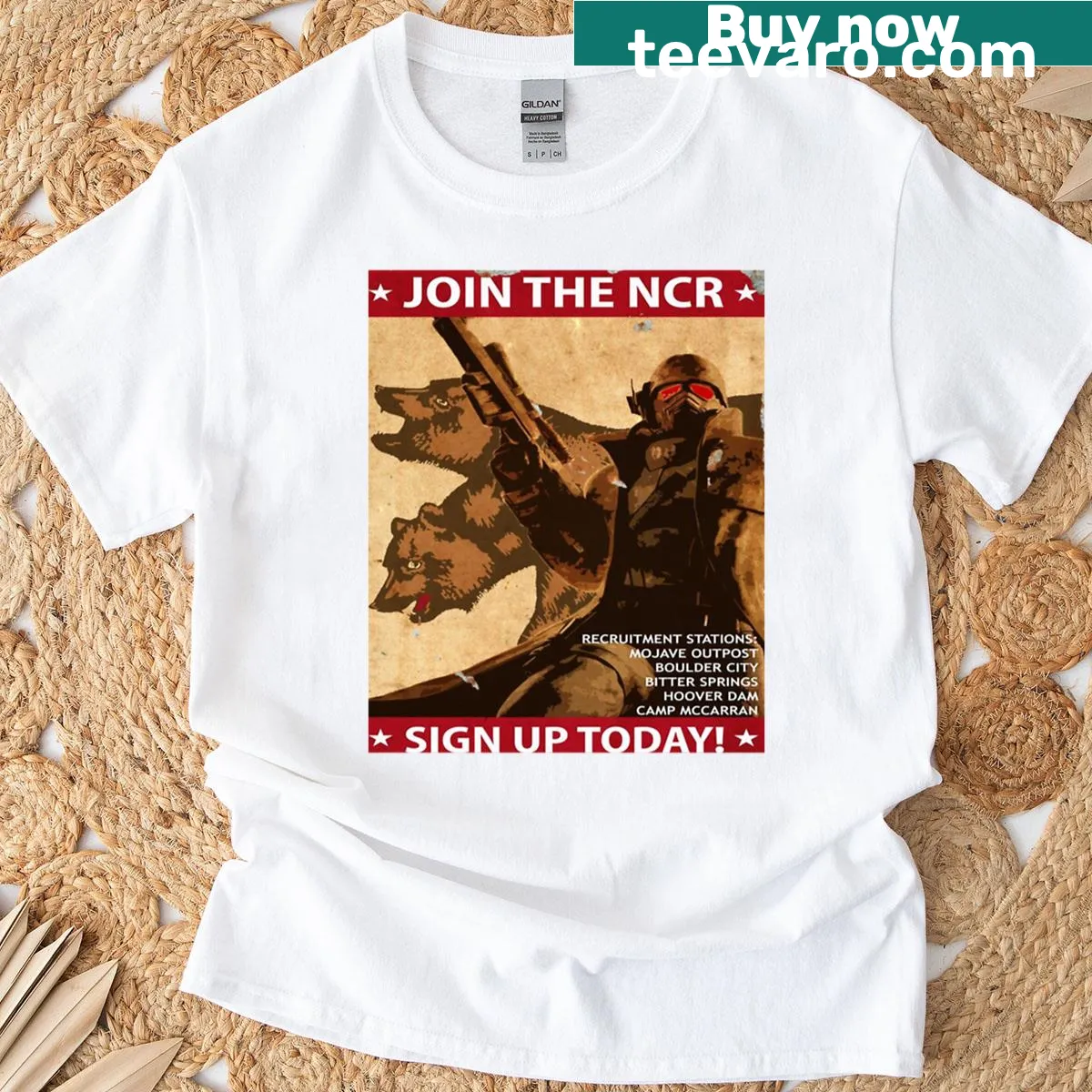 NCR propaganda artwork t-shirt featuring iconic Fallout New Vegas design — on a men's t-shirt