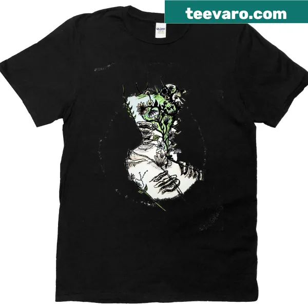Illustrative T-shirt featuring a feminine ecosystem with flora and fauna.