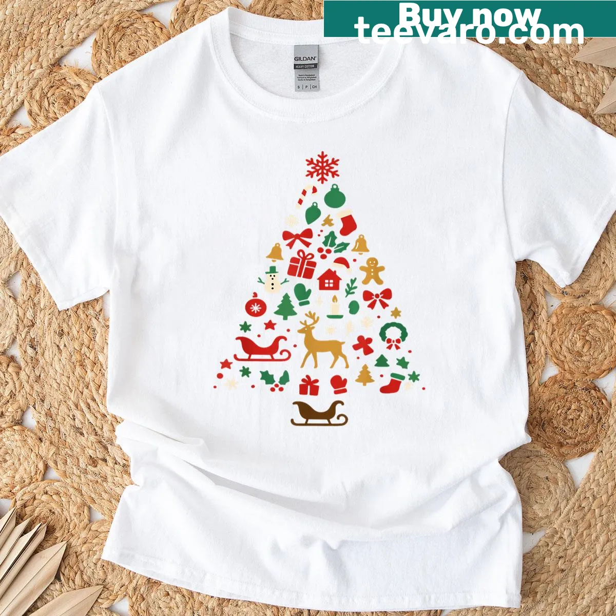 T-shirt with playful Christmas tree icons for the holiday season — on a men's t-shirt