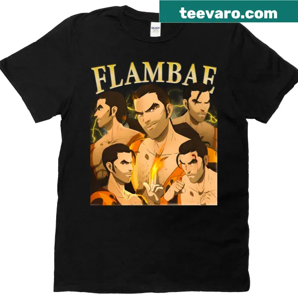 Vintage Flambae Dispatch game logo graphic on a t-shirt