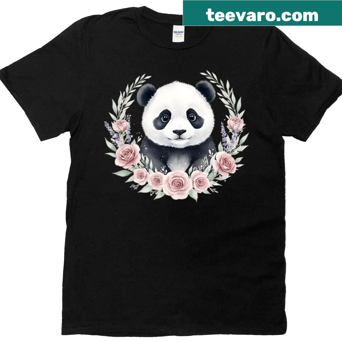 Cute panda surrounded by flowers and greenery on T-shirt — on a men's t-shirt