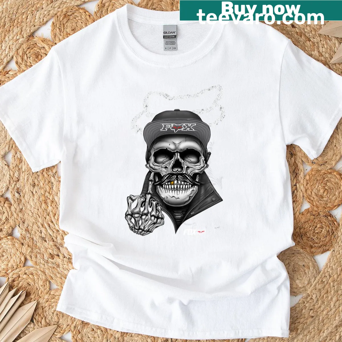 Energetic graphic of racing vehicles and fox logo on Fox Racing T-shirt — on a men's t-shirt