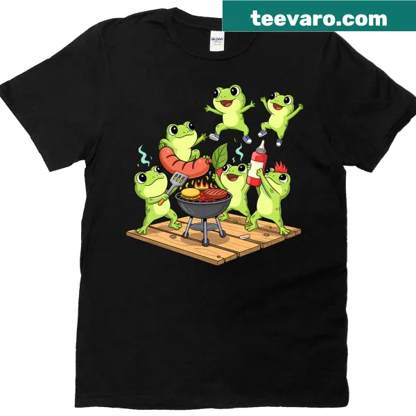 Cute cartoon T-shirt featuring a frog BBQ squad design.