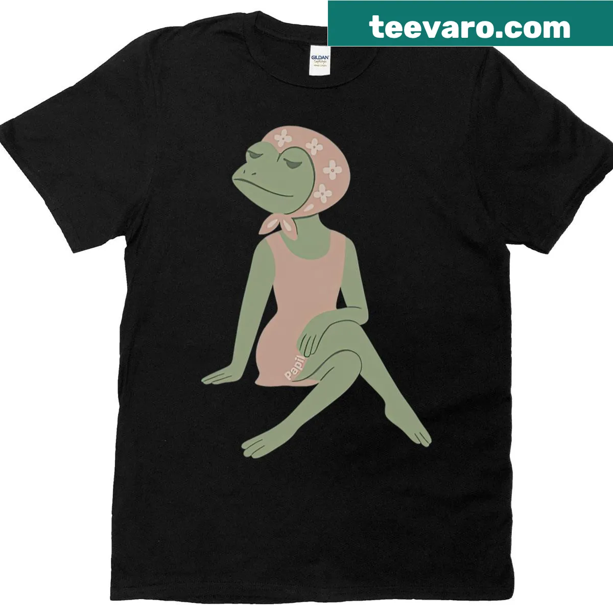 Cartoon T-shirt featuring a whimsical frog lady design. — on a men's t-shirt