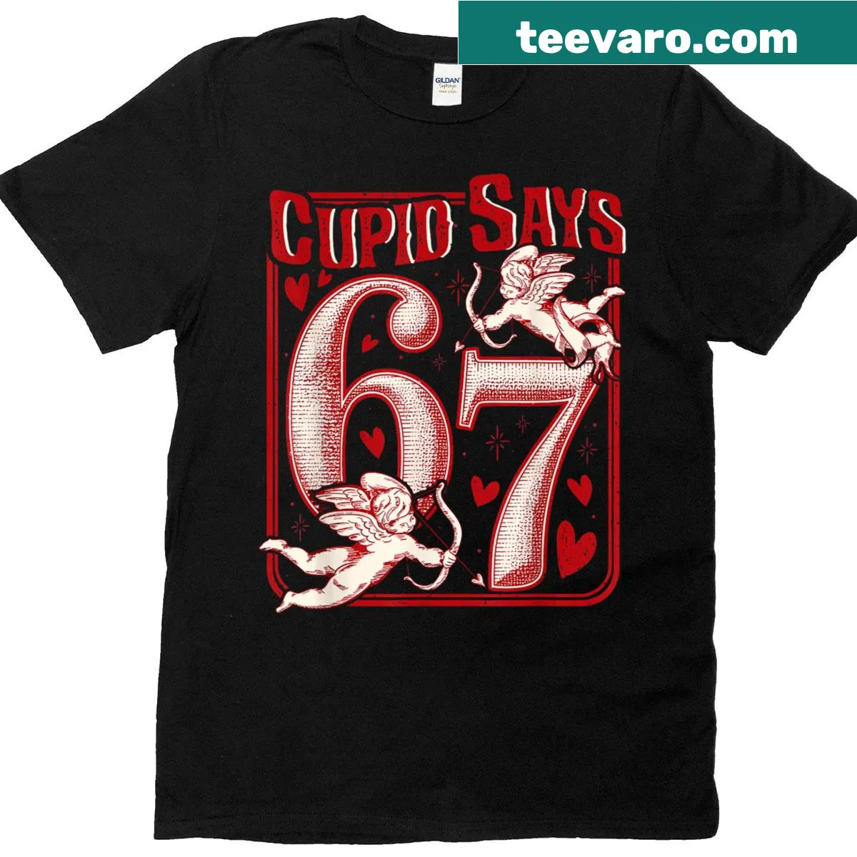 Matching couple T-shirts with 'Cupid Says 67' for Valentine's Day — on a men's t-shirt