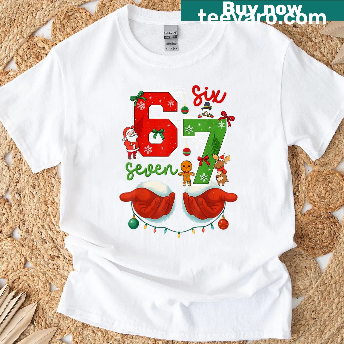 Meme-inspired Christmas tee featuring 'Six' and 'Seven' with cartoon hands — on a men's t-shirt