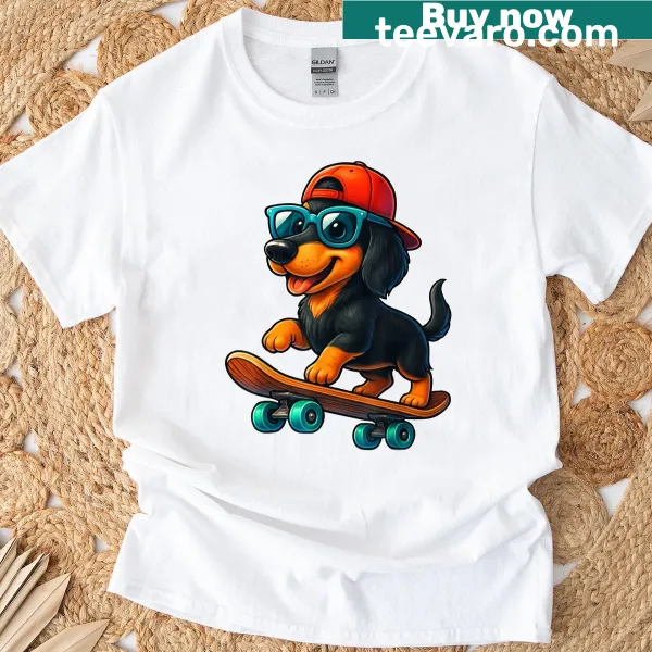 Cartoon dachshund on skateboard t-shirt, humorous design for dog lovers