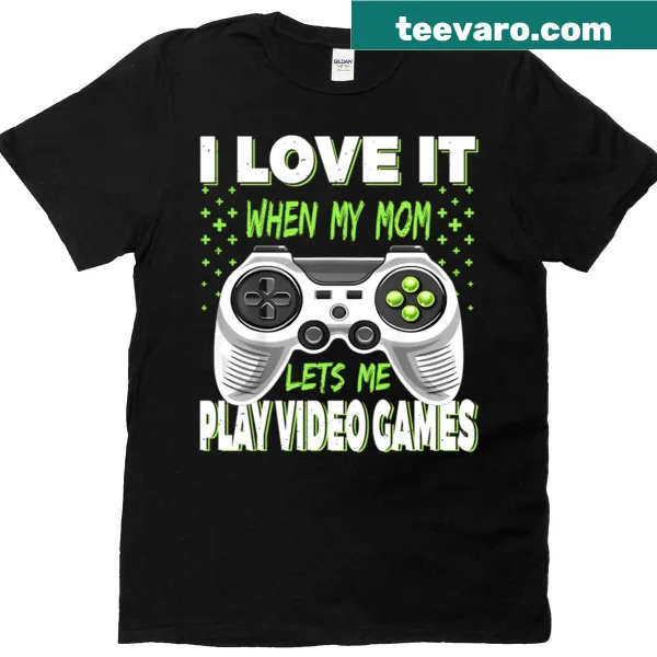 Funny gamer t-shirt with 'Mom Lets Me Play' text