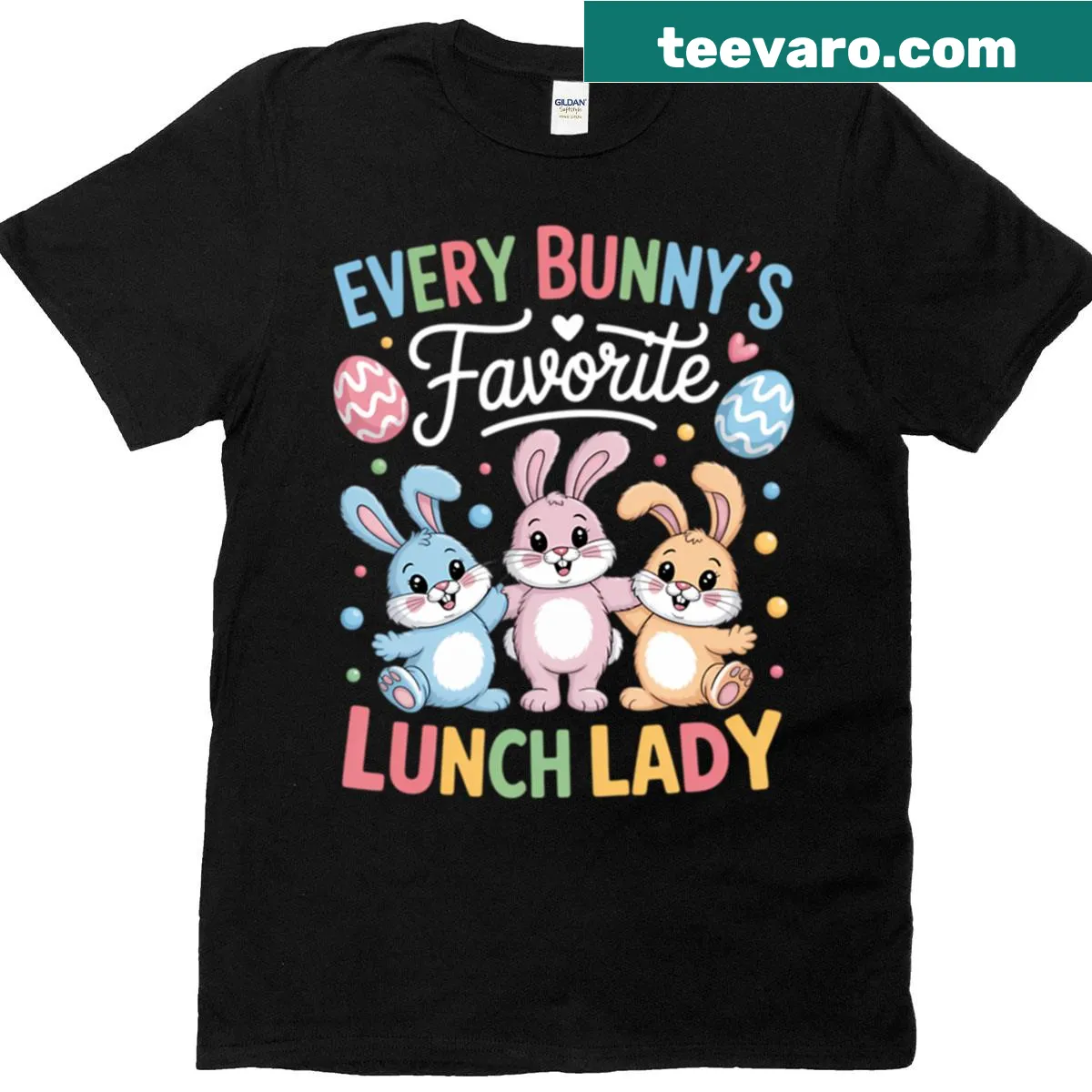 Cartoon bunny T-shirt celebrating Easter and cafeteria life — on a men's t-shirt