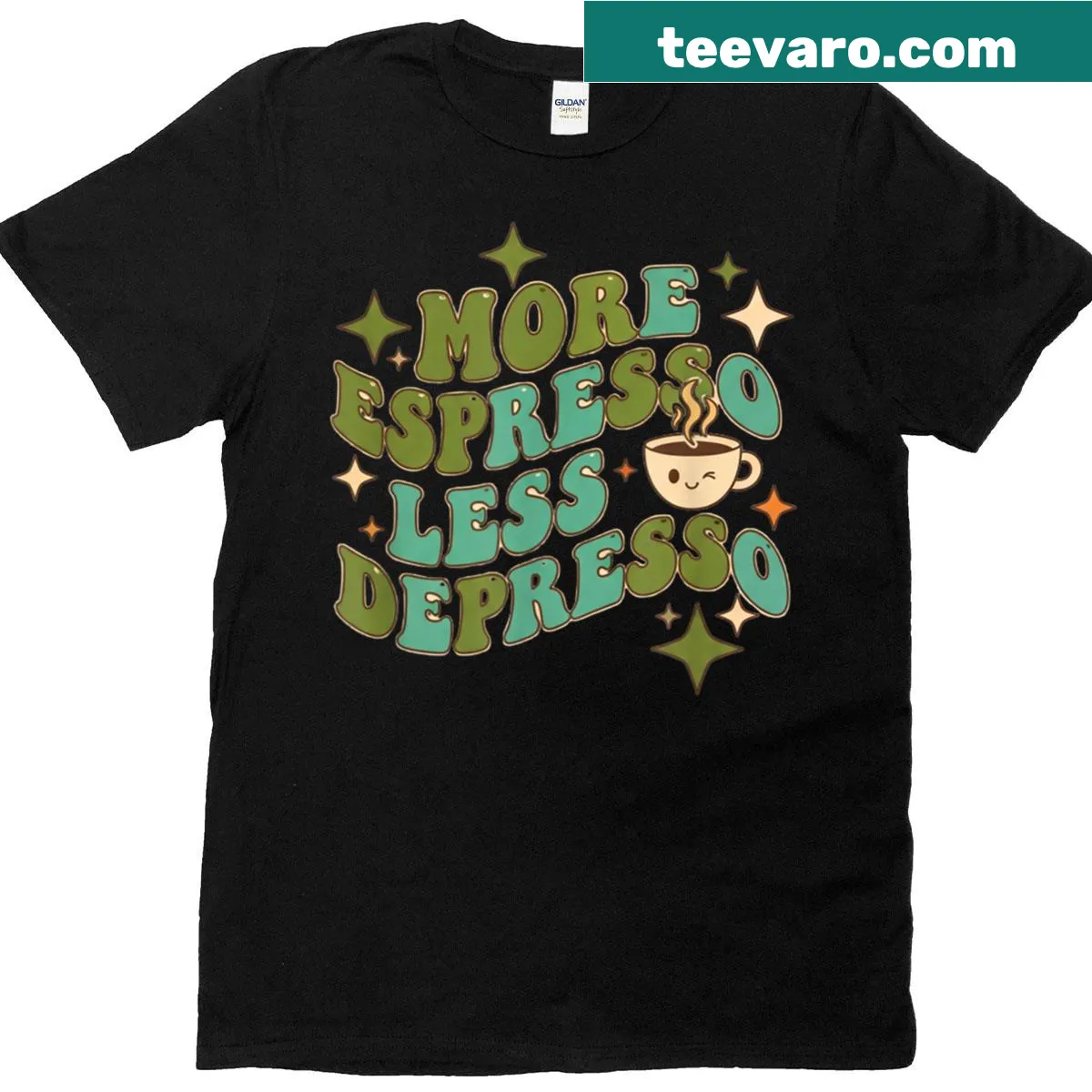 Retro shirt featuring 'More Espresso Less Depresso' text — on a men's t-shirt