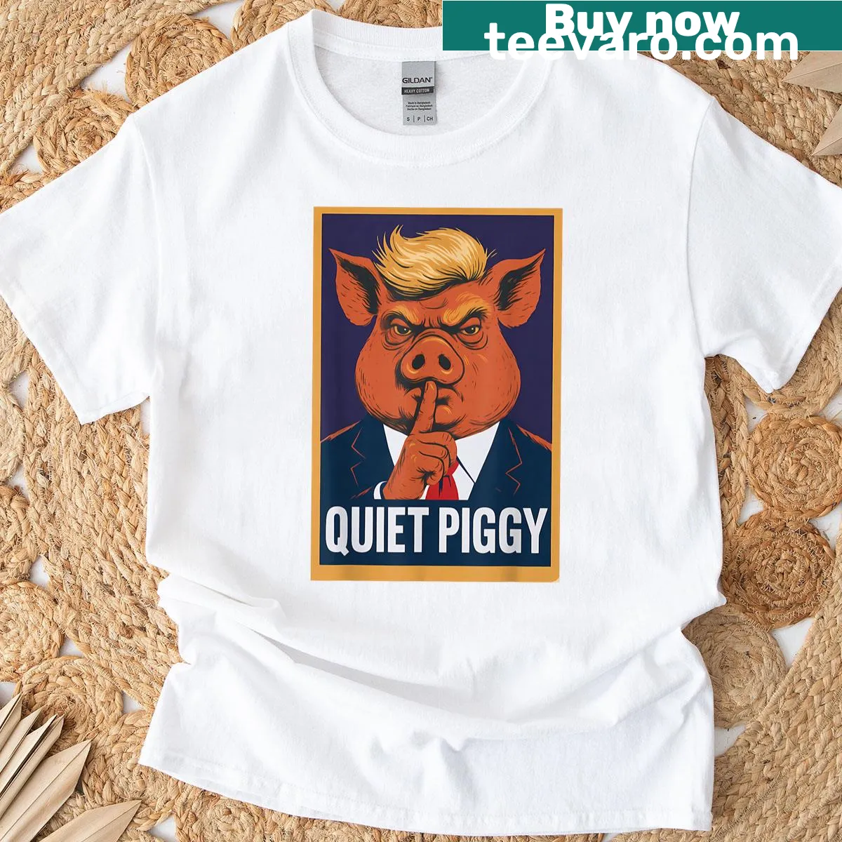 Retro style T-shirt with a humorous quiet piggy graphic — on a men's t-shirt