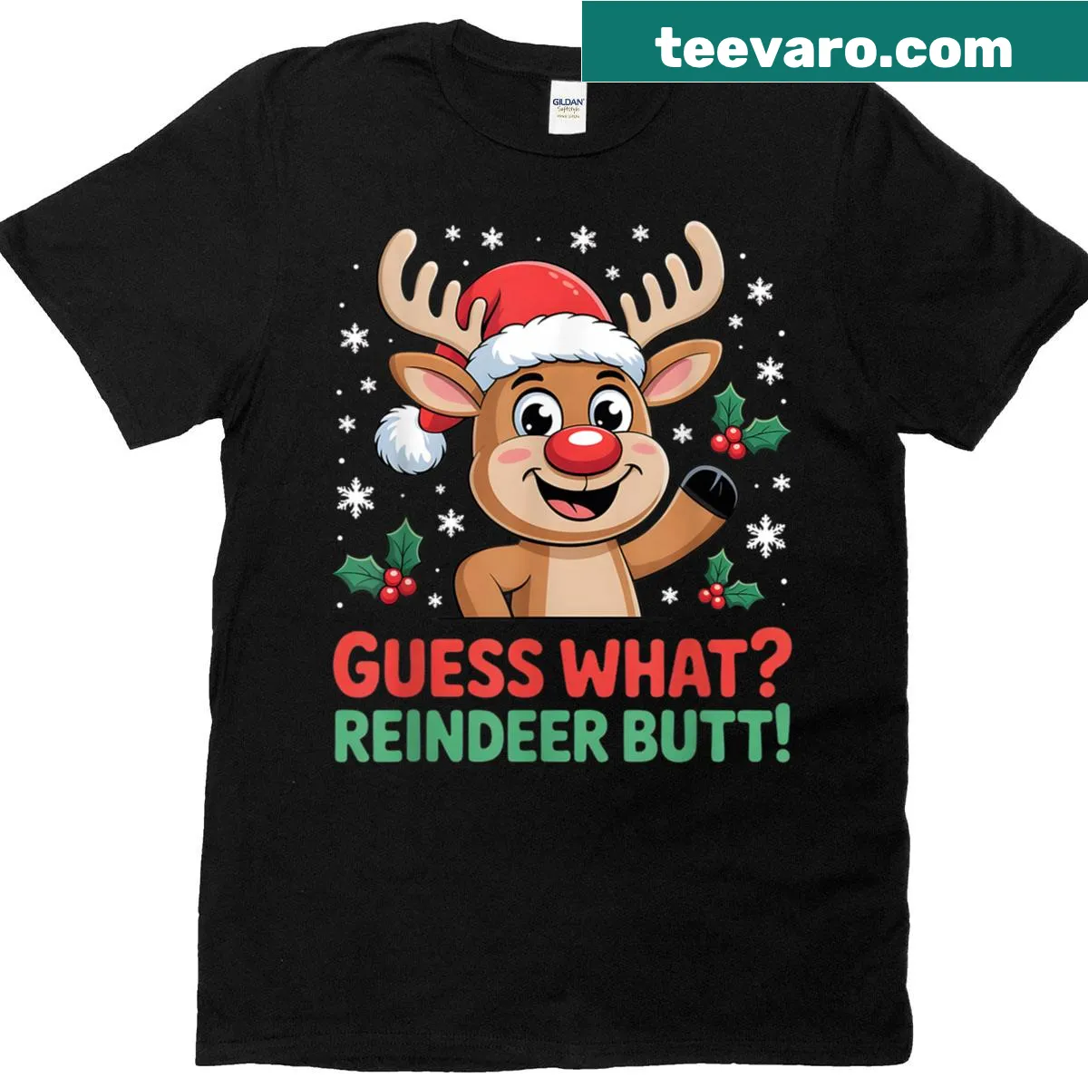 Cartoon reindeer wearing a Santa hat and joke text. — on a men's t-shirt