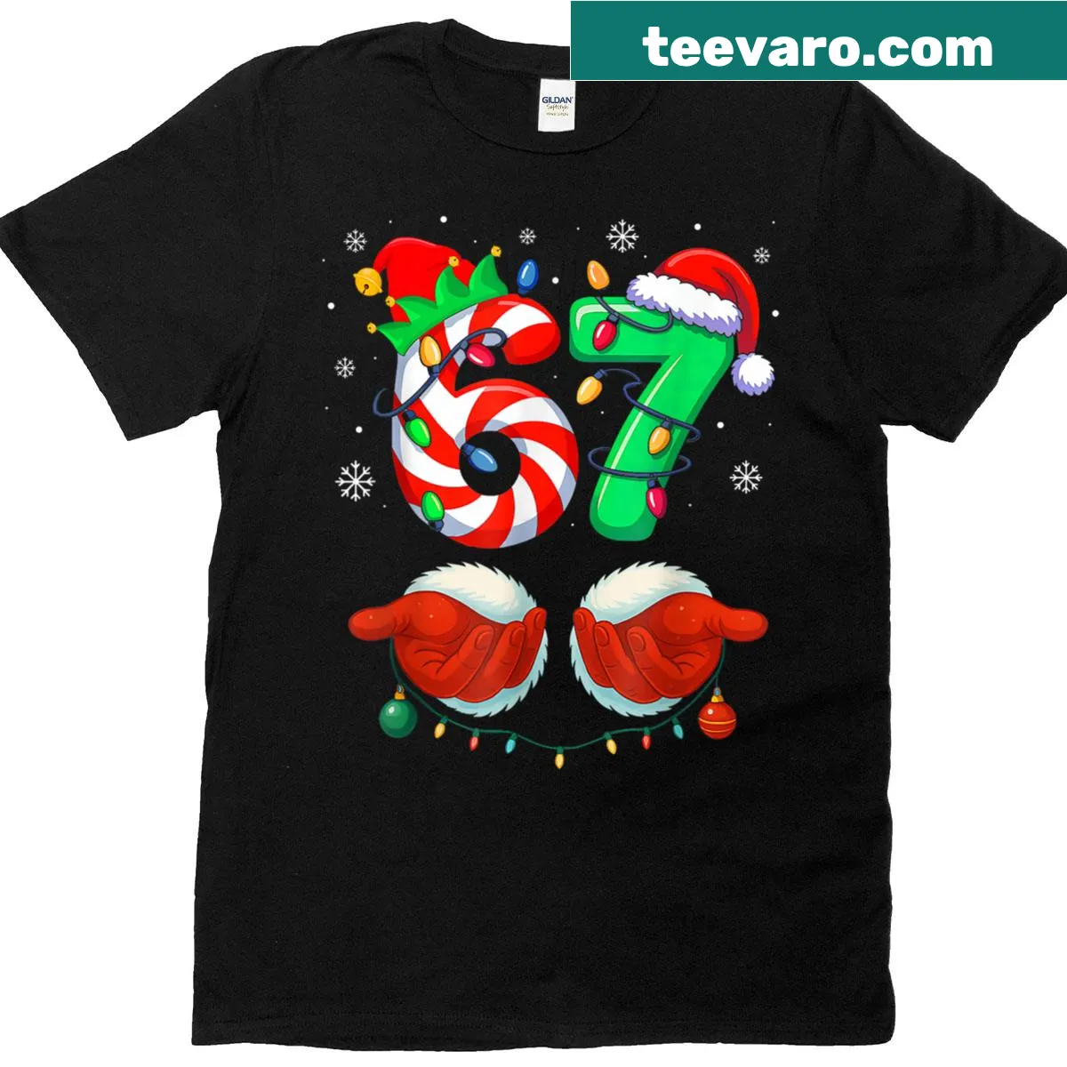 Humorous Christmas shirt with Santa hand gesture and meme numbers — on a men's t-shirt