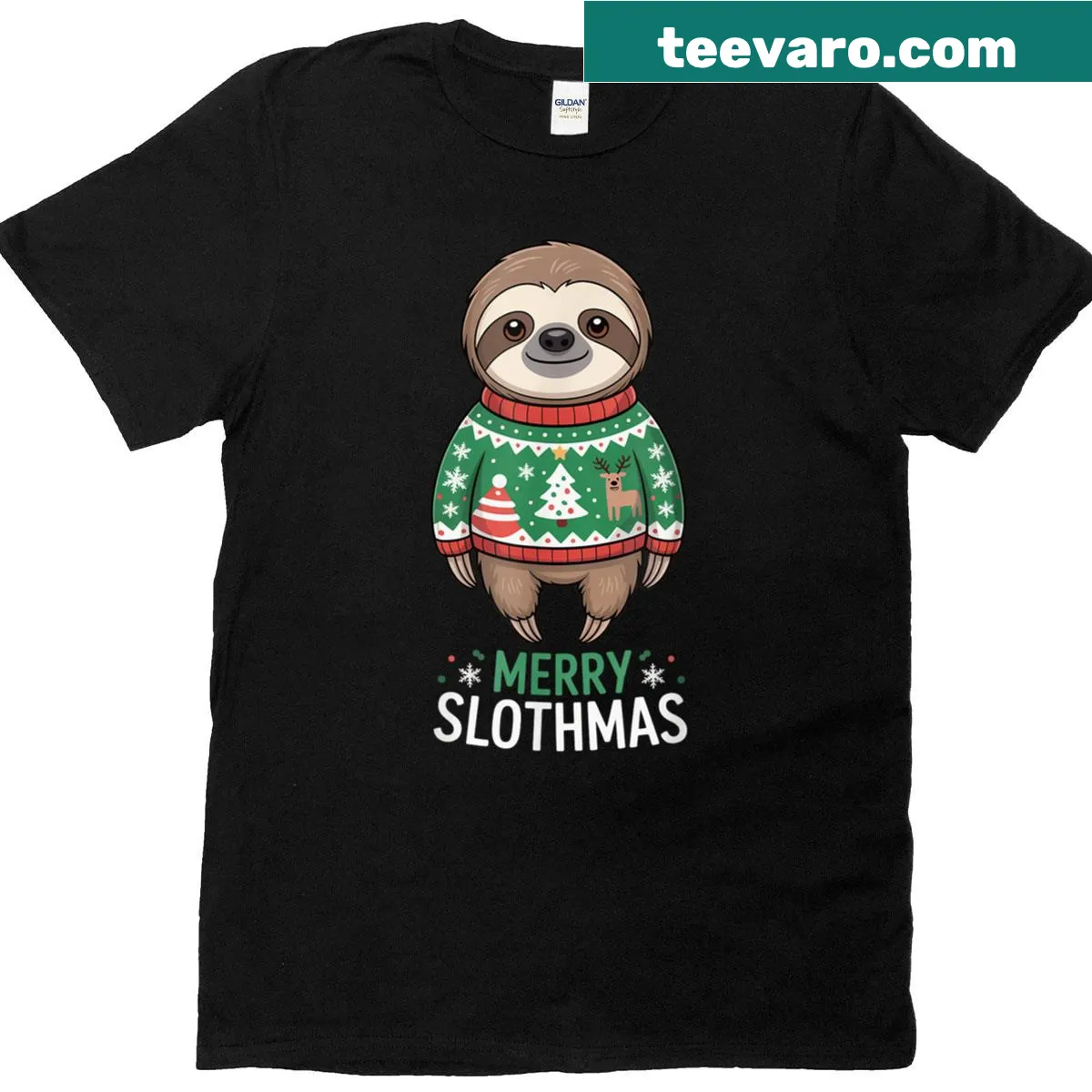 Sloth-themed Christmas T-shirt with holiday elements — on a men's t-shirt