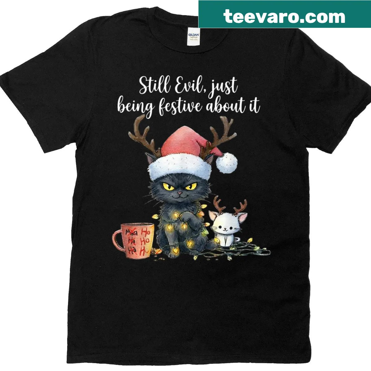 Humorous Christmas shirt with playful text about being festive yet evil — on a men's t-shirt