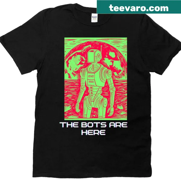 Futuristic humanoid robot illustrated on a humorous t-shirt