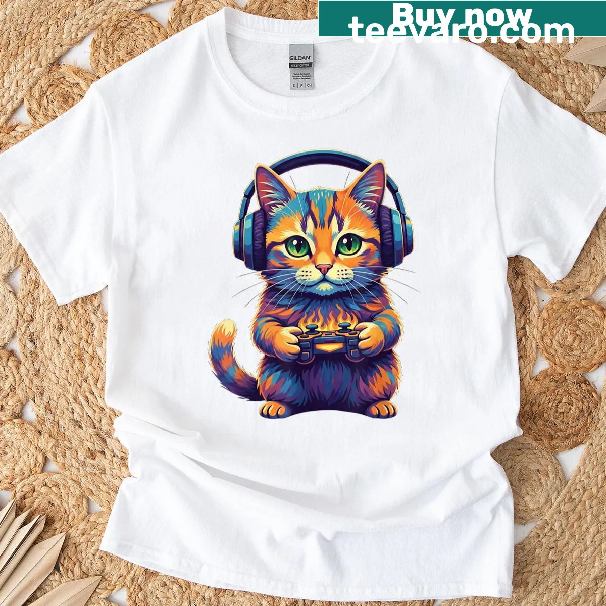 Funny gaming t-shirt featuring a cat and gaming icons. — on a men's t-shirt