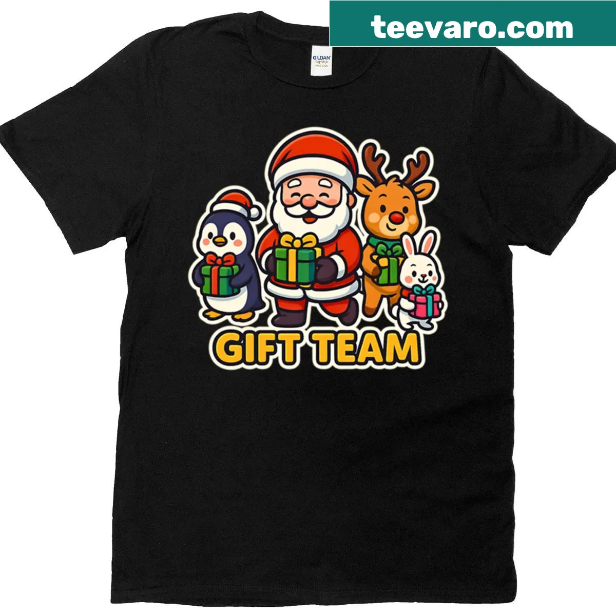 Cute Christmas design featuring Santa and friends on a t-shirt — on a men's t-shirt