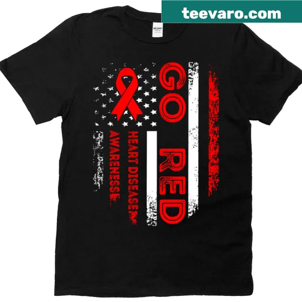 Go Red USA Flag heart disease awareness t-shirt with bold typography