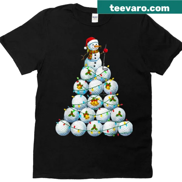 Whimsical T-shirt with golf ball Christmas tree snowman design