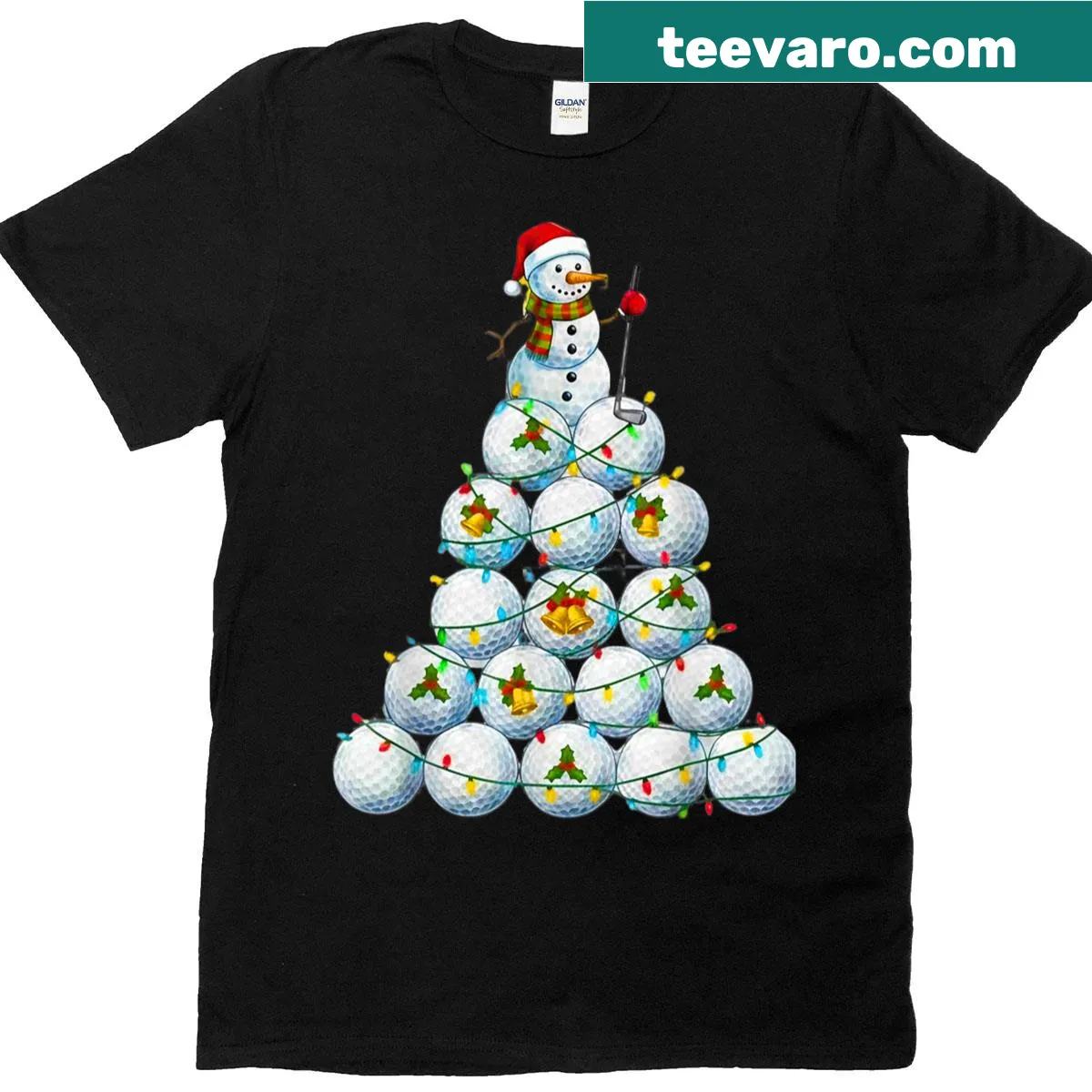 Whimsical T-shirt with golf ball Christmas tree snowman design — on a men's t-shirt