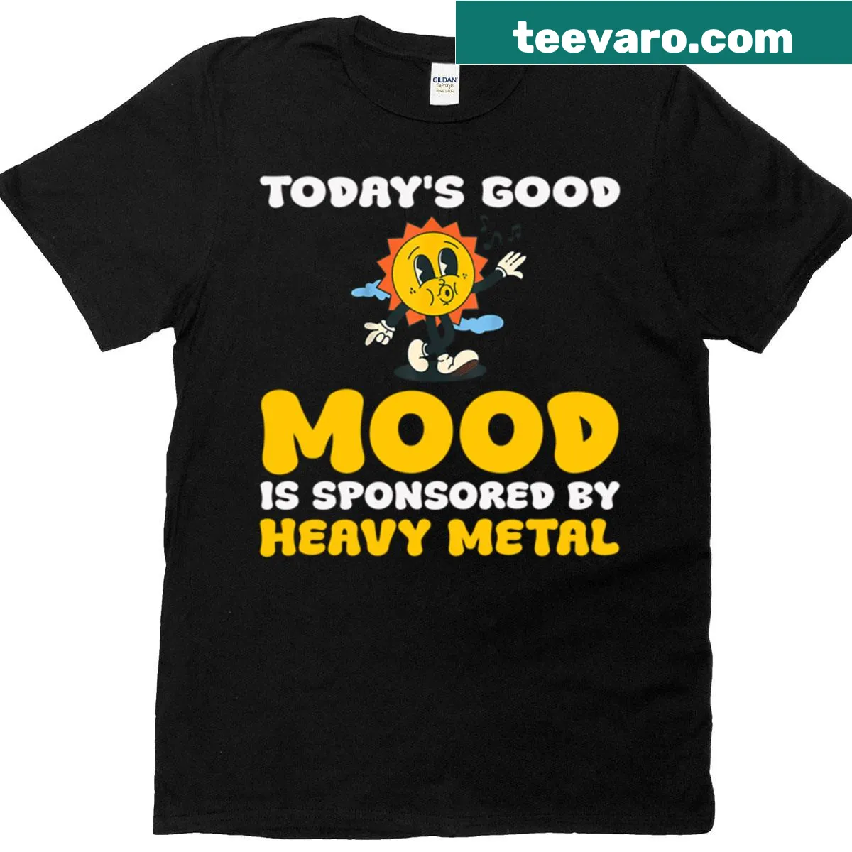 T-shirt with 'Good Mood Sponsored By Heavy Metal' text design. — on a men's t-shirt